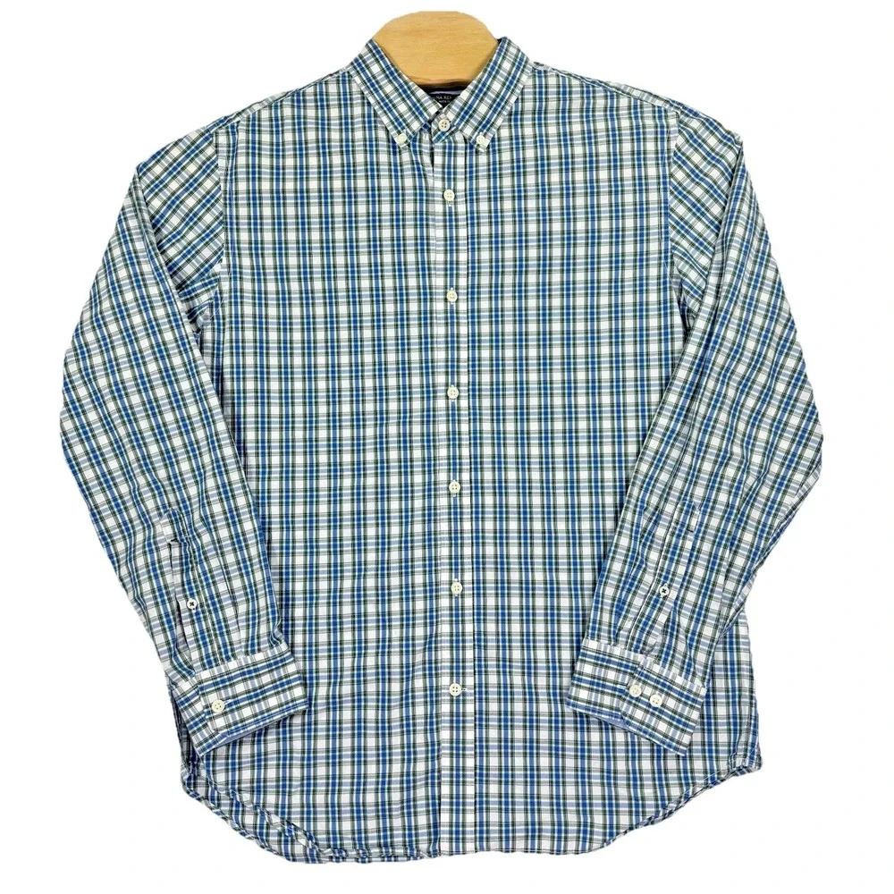 Banana Republic Shirt Mens Large Green Blue Plaid Soft Wash Slim Fit Classic‎